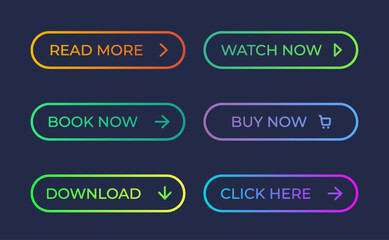 Set of vector modern neon glowing buttons. Different colors of tubes and icons on dark rounded forms.