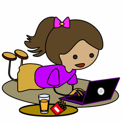 Child playing with laptop and eats fries and drinks juice.Girl eats and looks at laptop. Food and using laptop. Stay at home. Doodle cartoon style.	
