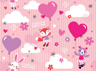Vector pattern of sweet animal friends flying in the sky with heart-shaped balloons. This pattern repeats seamlessly and is perfect for Valentine's Day backgrounds and surface designs.
