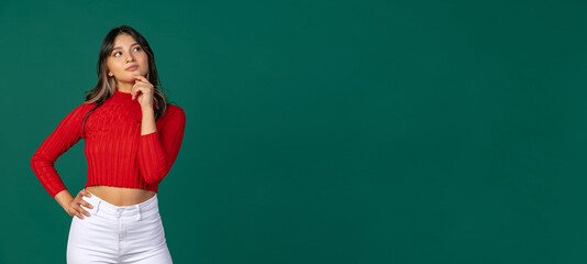 Horizontal flyer with young beuatiful girl, student in bright red sweater thinking isolated on...