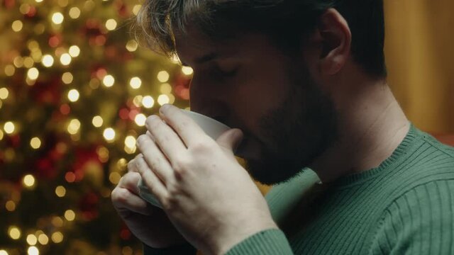 Ragazzo beve tisana rilassante a Natale seduto sul divano