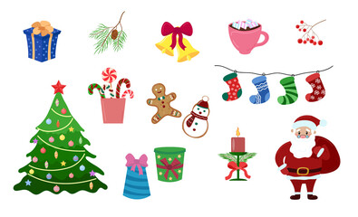 Christmas elements set. Holiday decorations, tree and Santa Claus isolated on white background. Vector flat collection