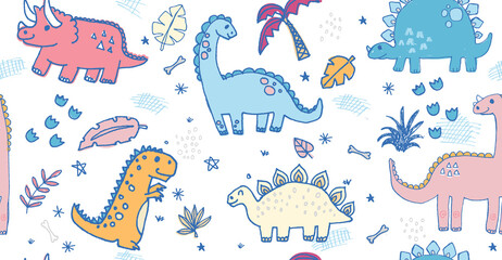 Roar - These doodled dinosaurs are super cute and repeat seamlessly. Vector patterns are great for backgrounds and surface designs.