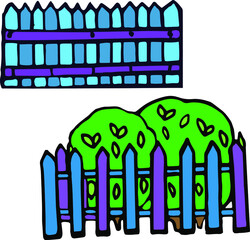 Vector hand drawn doodle street objects, blue banister, green bushes, vector templet 