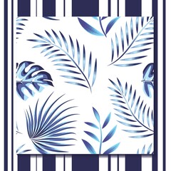 Modern abstract seamless pattern with blue monochromatic color style monstera plants and fern leaves fashionable texture vector design on white background. Exotic tropics. Summer design. wallpaper 