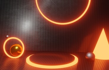 podium mockup for a sales product to exhibit an item neon metal dark background color, 3d render