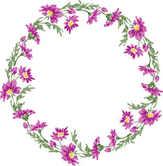 Obraz na płótnie Canvas Vector drawn wreath from pink garden daisies with buds and leaves