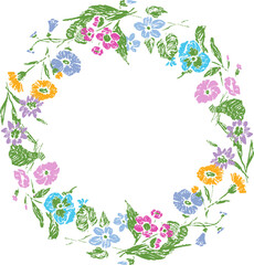Vector image of floral wreath from various drawn delicate flowers