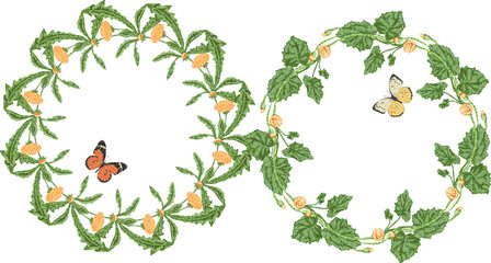 Vector image of floral wreathes from drawn yellow dandelions with flying butterflies
