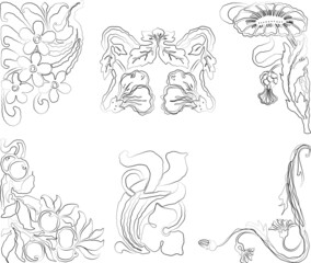Vector outline drawings of set various decorative vintage fantasy flowers