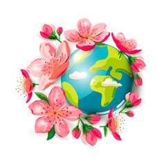 Planet Earth and spring flowers on white background. Ecological concept. Vector illustration.