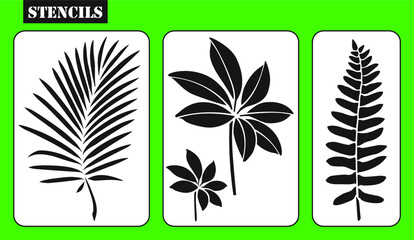 Stencils. Set of tropical leaves. Stencil of fern leaf, leaf of palm, frond leaf. Laser cutting template pattern for decorative panel. Die cut tropical panel. Vector silhouette.