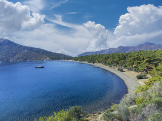 Fototapeta premium Aerial View Classical Sailboat Anchored in Aegean Sea