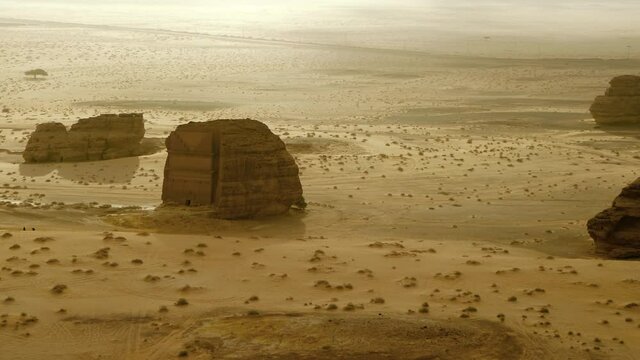 Aerial Panning High Above The Ancient Madain Saleh Tomb In The Arabian Desert