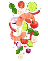 Spices for making thai tom yum shrimp flying. Traditional thai food. Pieces element in the middle on white background. Realistic 3D vector illustration.