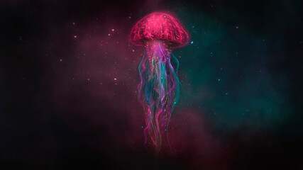 Abstract fantasy neon jellyfish on a black background. Marine jellyfish, colorful neon. 3D illustration.  © MiaStendal