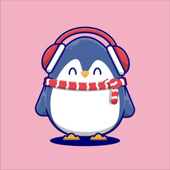 Cute cartoon penguin wearing headphones and scarf
