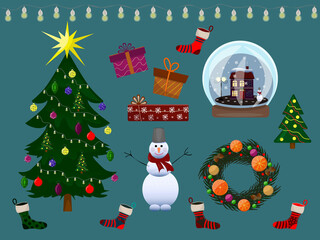 A set of Christmas decor: tree, snowman, lanterns, socks, snow globe, wreath and gifts. Vector illustration