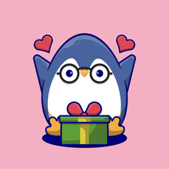 Cute cartoon penguin happy to get gifts