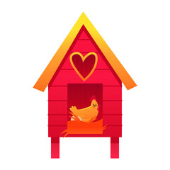 Chicken coop isolated on white background. Vector illustration in a flat style. Clip art. Chicken is sitting in the nest. © Viktoriia