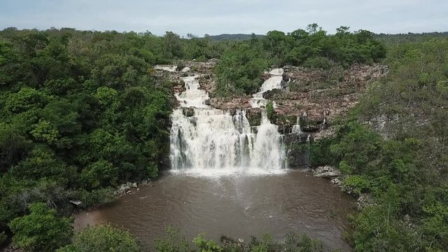 A magnificent view of Poco Waterfall enchanting near Cavalcante in Chapada dos Veadeiros in the state of Goias, Brazil