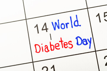 Hand written World diabetes day on calendar.