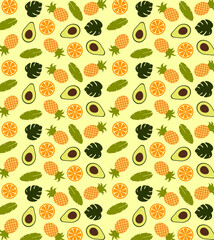 Tropical fruits pattern: orange, pineapple, avocado and tropical leaves on a yellow background. Seamless pattern, background, wallpaper