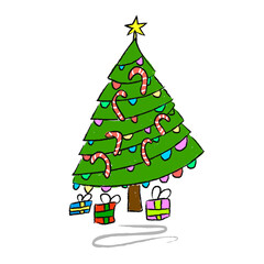 Christmas tree kids drawing. Nursery cartoon fir. Isolated simple image. Colorful pencil drawing