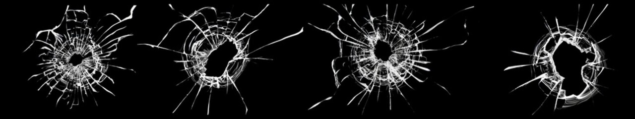 Abstract collage with cracked window texture. Set of cracked and chipped broken glass on black background.