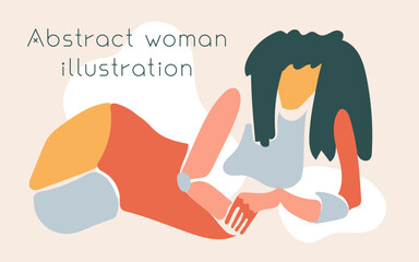 Abstract woman drawing. Naked surreal body illustration. Avant-garde abstract female body. Minimalist silhouette girl. Colored extraordinary flat vector artwork. Young woman is sitting. Tender toned.