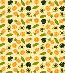 Tropical fruits pattern: orange, pineapple, avocado and tropical leaves on a light orange background. Seamless pattern, background, wallpaper