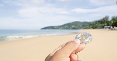 Close up cryptocurrency in payment city hotel. Wallet coins more popular in global business economics