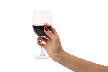 the girl holds a glass with red wine large plan isolated on white. Alcohol, pleasure, drunkenness