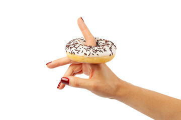 the girl holds a doughnut with glaze and chocolate crumb on her finger isolated on a white...