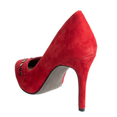 Red women's shoes on a white background. Suede shoes. Stylish and sexy shoes.