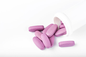 Group of medical pills on white background. Antidepressant drugs meds. Space for text.