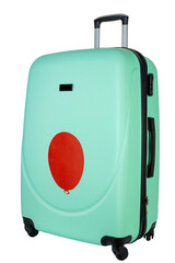 Travel turquoise suitcase isolated on white background. Summer holidays, tourism, vacation.