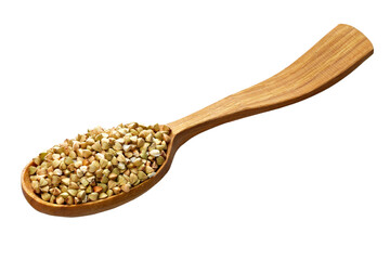 Wooden spoon of roasted buckwheat groats isolated on white background. Grain culture.