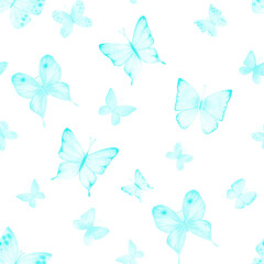 Obraz na płótnie Canvas Seamless botanical summer pattern with teal blue watercolor butterflies