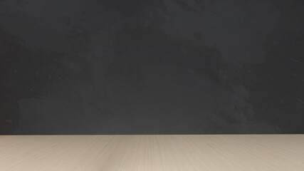 wood floor on black concrete wall,black background,3d rendering