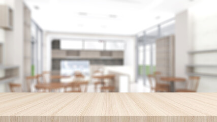 Wood grain desk on a coffee shop blur background,mock up,3d rendering