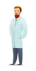 Optimistic doctor in dressing gown. Cheerful persons in standing pose. Cartoon comic style flat design. Separate character. Illustration isolated on white background. Vector