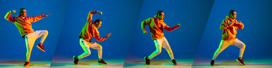 Full-length collage of four pictures of young man dancing hip-hop isolated over multicolored...