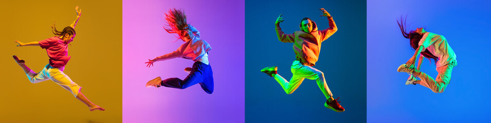 Collage of talented young boy and girl dancing hip-hop, jumping isolated over multicolored...