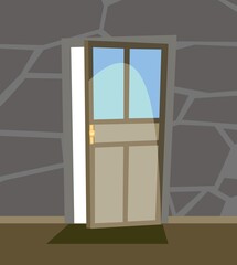 Open up door. Simple and flat style. Inside view from the dark room of house. Stone wall. Cartoon cute fairy tale design. Image background. Vector