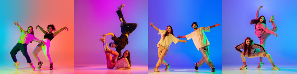 Collage of talented young hip-hop dancers in motion isolated over multicolored background in neon lights