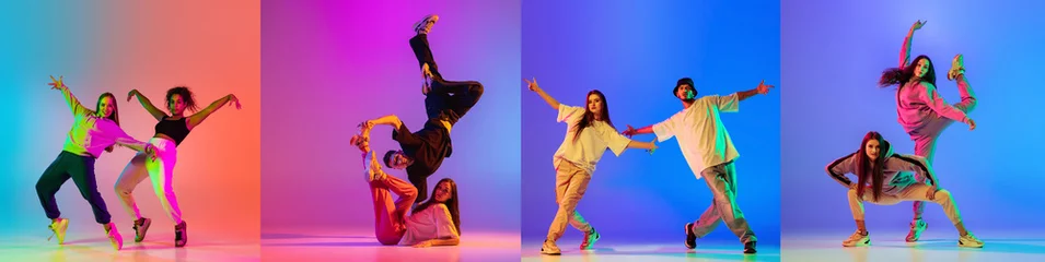 Abwaschbare Fototapete Collage of talented young hip-hop dancers in motion isolated over multicolored background in neon lights © Lustre