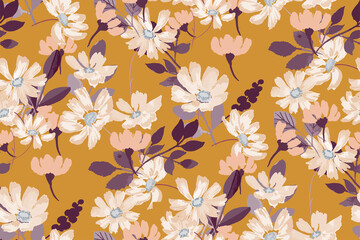 Materiał do szycia Beautiful autumn floral seamless pattern in warm orange color. Chintz print with wildflowers.