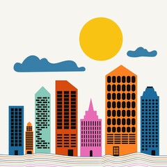 Naklejka premium Vector illustration of city buildings, sun and clouds. Colored graphic print design