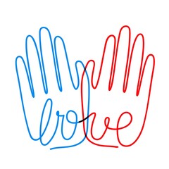 Vector illustration with blue and red hands and lettering word Love. Colored typography poster, apparel print design